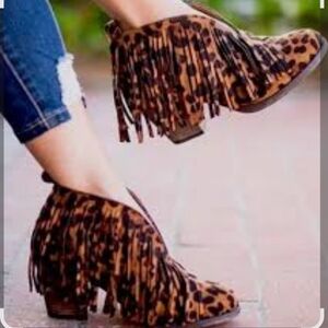 Leopard Print Fringe Ankle Boots